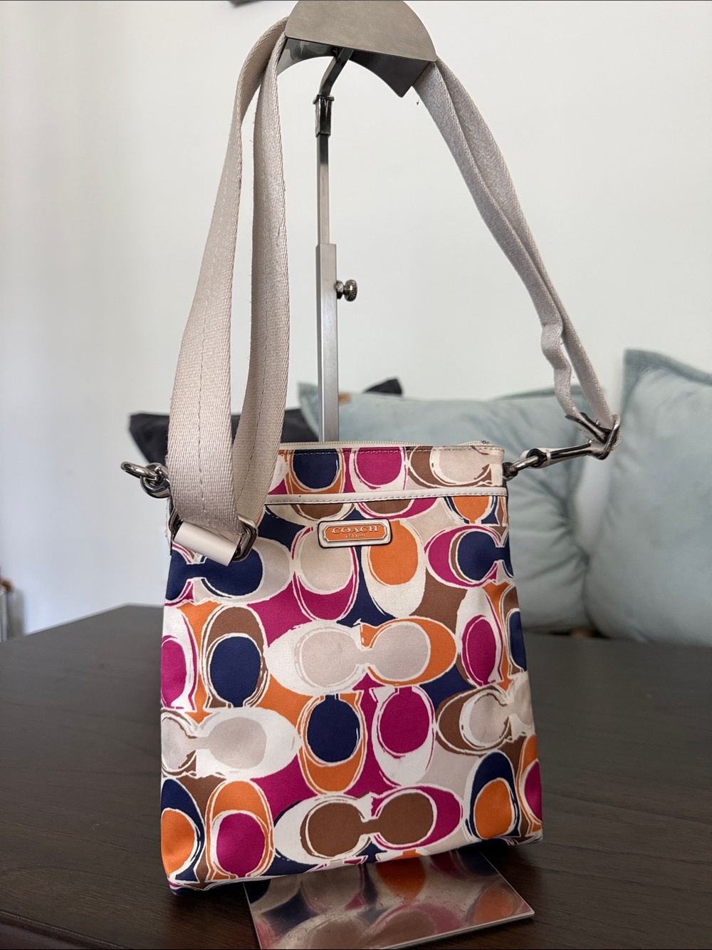 Coach Ashley scarf print Crossbody Bag in Navy, Pink, Orange and Tan